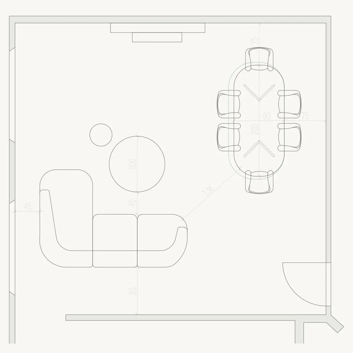 Technical planning drawing for a custom dining table showing dimensions, seating and room clearances.
