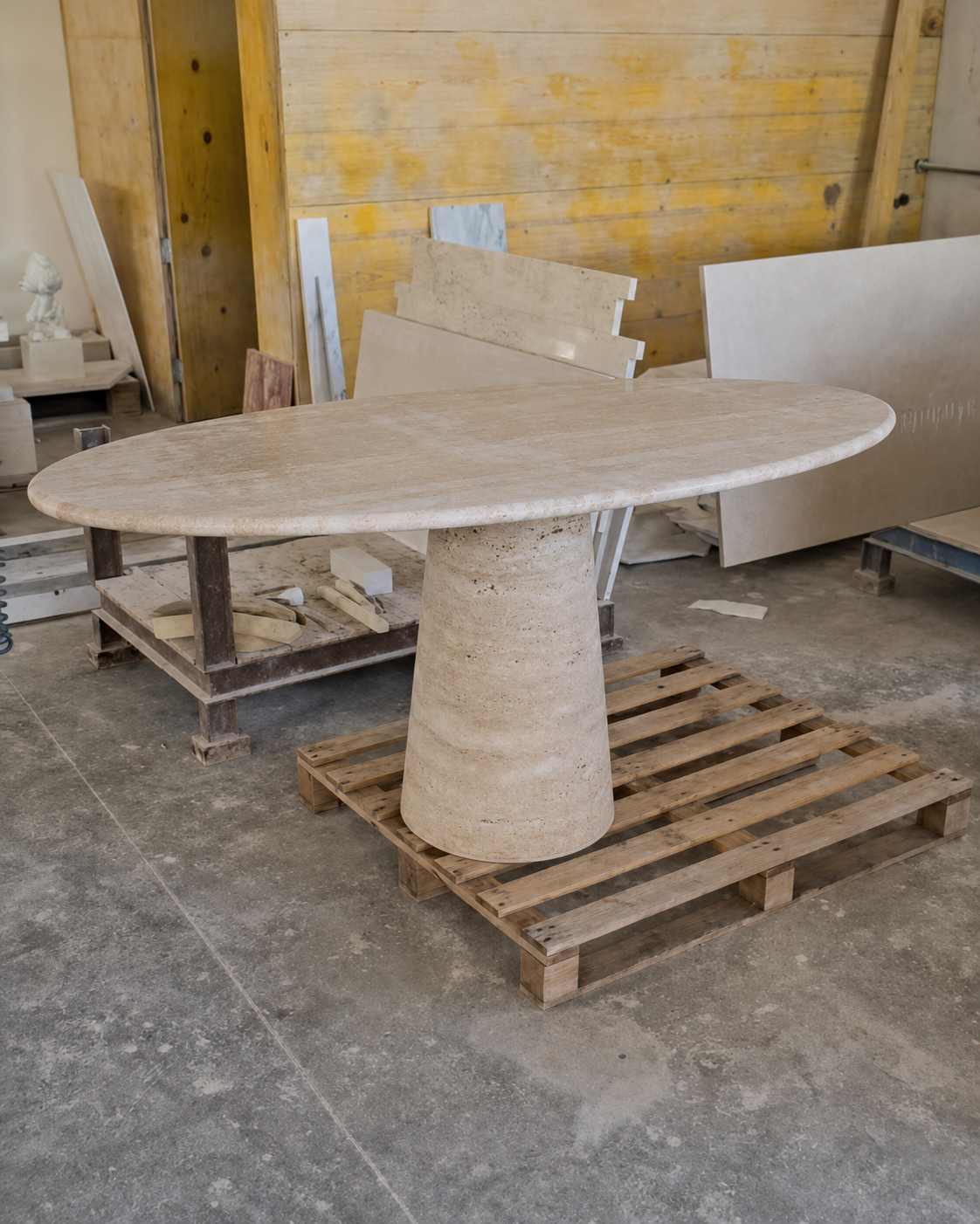Completed oval Leila table in travertine in the workshop.
