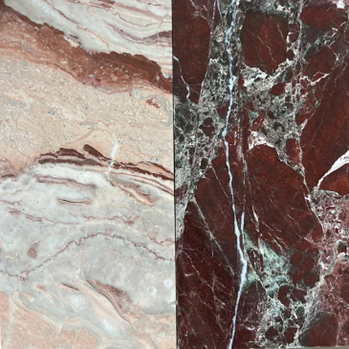 Two natural stone samples for custom marble and travertine tables